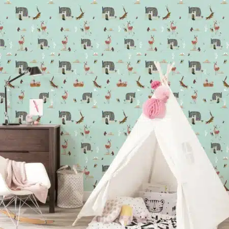Duurzaam Kinderbehang | Forest Animals | Mint | 97.4 x 280 cm | Kek Amsterdam | Peltenburg Natuurverf