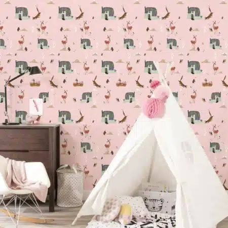 Duurzaam Kinderbehang | Forest Animals | Roze | 97.4 x 280 cm | Kek Amsterdam | Peltenburg Natuurverf