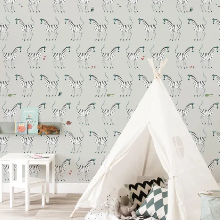 Duurzaam Kinderbehang | Zebra | Grijs | 97.4 x 280 cm | Kek Amsterdam | Peltenburg Natuurverf