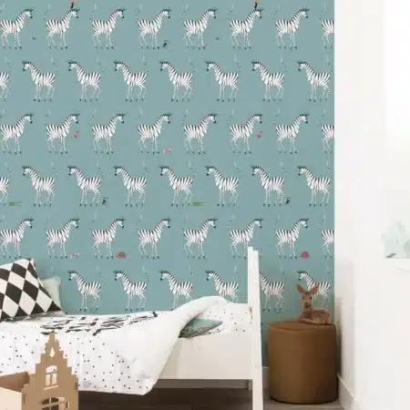 Duurzaam Kinderbehang | Zebra | Petrol | 97.4 x 280 cm | Kek Amsterdam | Peltenburg Natuurverf
