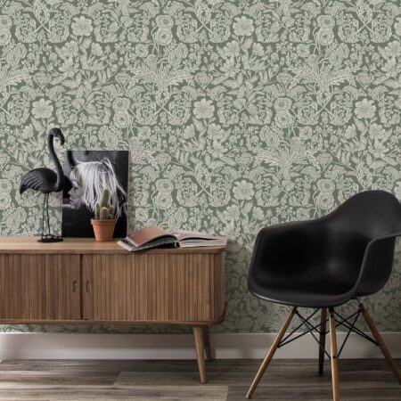 Duurzaam Behang | Getekende Bloemen | Groen |100 x 280 cm | Kek Amsterdam | Peltenburg Natuurverf