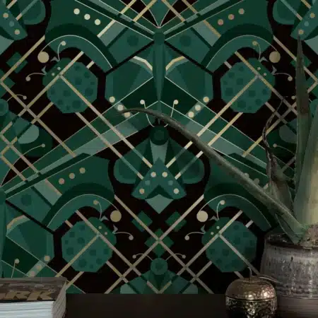 Duurzaam Behang | Goud behang | Art Déco Animaux | Animaux  Butterfly  Groen | 50 cm x 10 m | Kek Amsterdam | Peltenburg Natuurverf