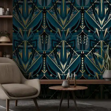 Duurzaam Behang | Goud behang | Art Déco Animaux | Grasshopper | blauw | 50 cm x 10 m | Kek Amsterdam | Peltenburg Natuurverf