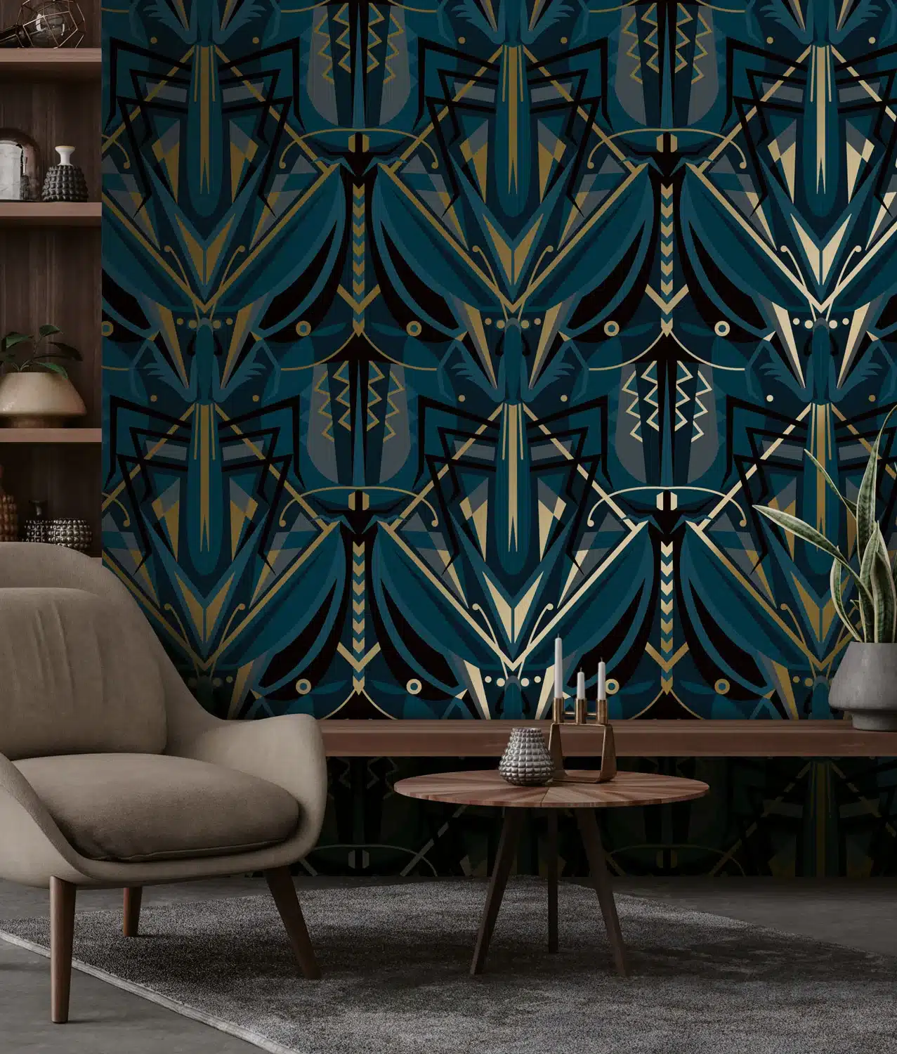 Duurzaam Behang | Goud behang | Art Déco Animaux | Grasshopper | blauw | 50 cm x 10 m | Kek Amsterdam | Peltenburg Natuurverf