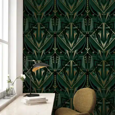 Duurzaam Behang | Goud behang | Art Déco Animaux | Grasshopper | Groen | 50 cm x 10 m | Kek Amsterdam | Peltenburg Natuurverf