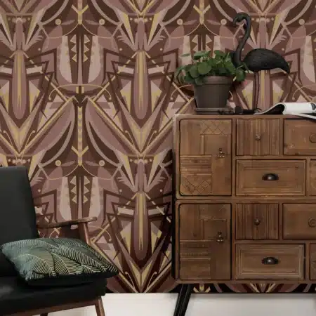 Duurzaam Behang | Goud behang | Art Déco Animaux | Grasshopper | Taupe | 50 cm x 10 m | Kek Amsterdam | Peltenburg Natuurverf